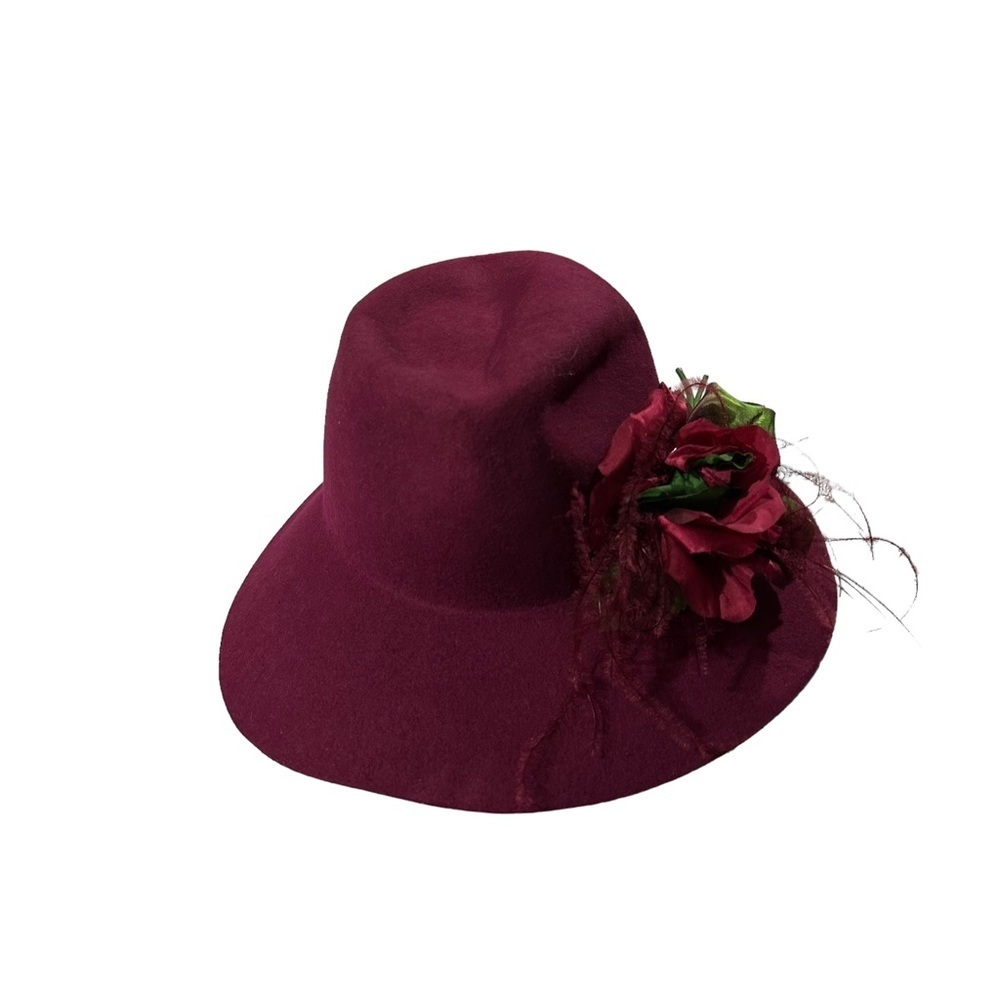 Vintage Burgundy Felted Wide Brim Hat with Removable Floral Brooch Sunday Best